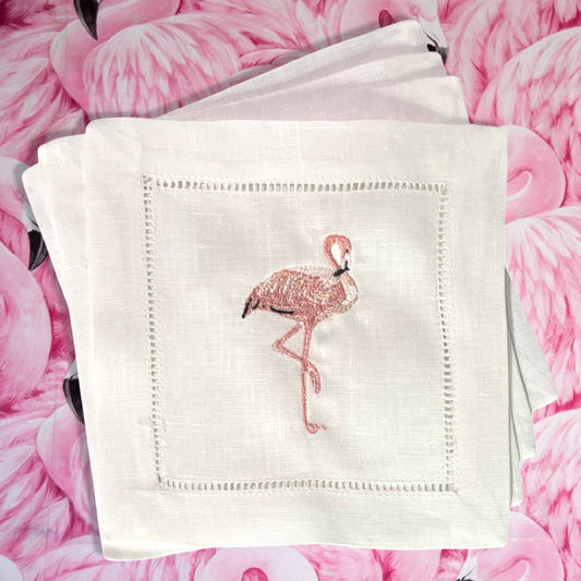 Flamingo Linen Embroidered Cocktail Napkin | Set of 4 | Hostess Gift | Cloth Coaster | Elegant Home Décor | Bar Cart | Table Setting