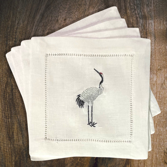 Crane Linen Embroidered Cocktail Napkin | Set of 4 | Hostess Gift | Cloth Coaster | Elegant Home Décor | Bar Cart | Table Setting