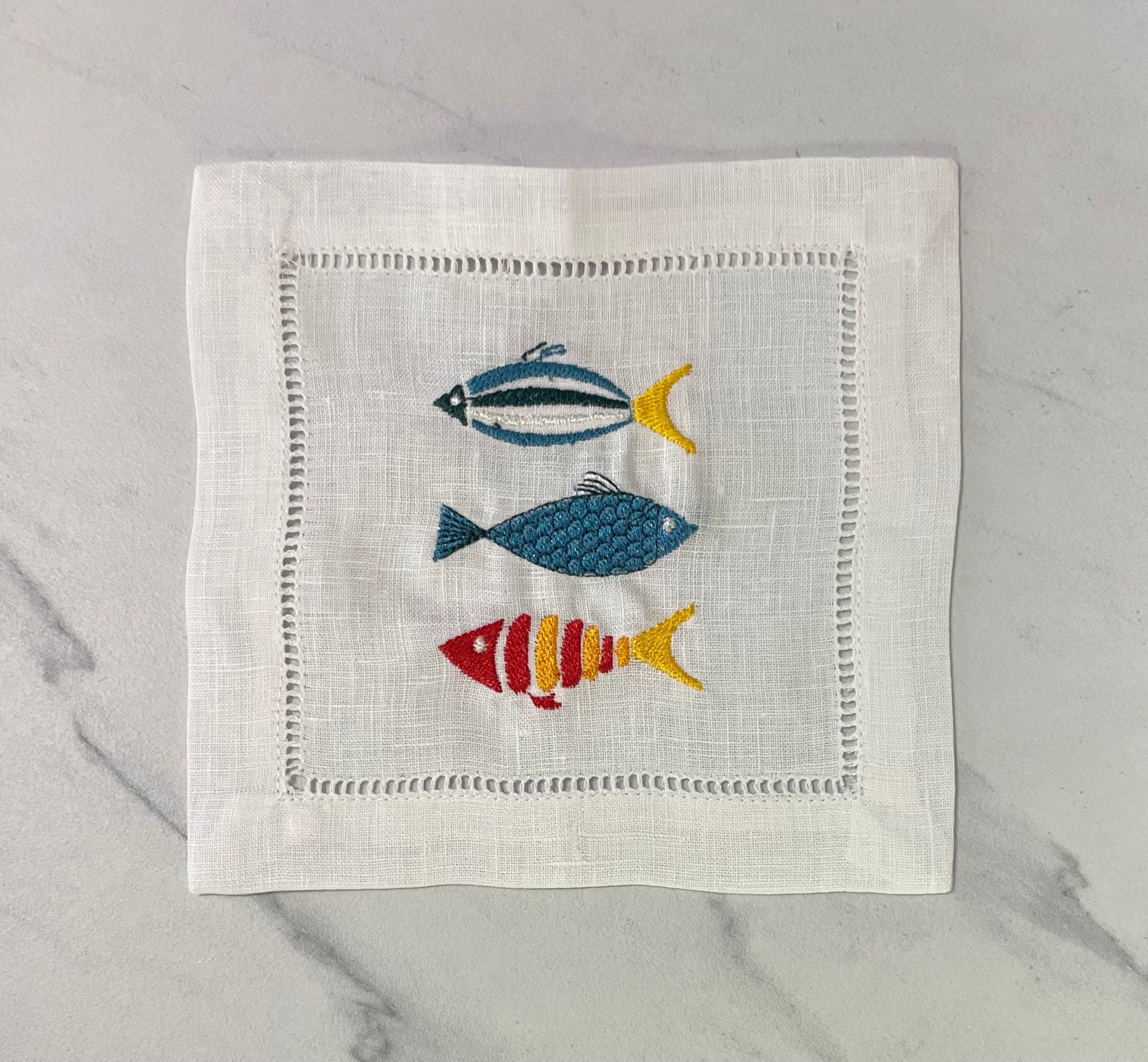 Salmon/trout cocktail napkin set, fish napkins, hand embroidered natural linen, housewarming buy gift, fishing fan gift, fly fishing/angler gift