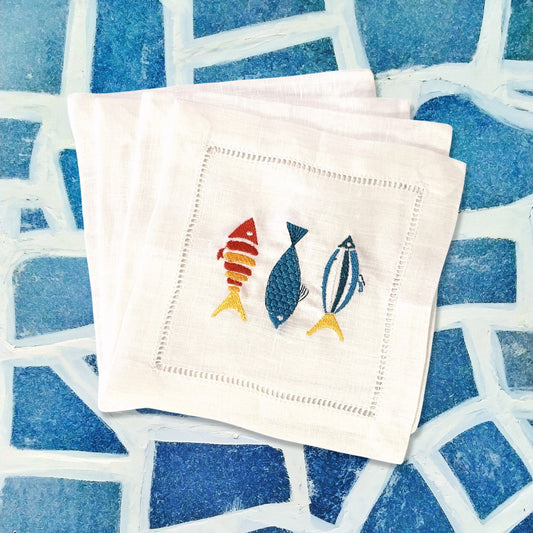 Fish Beach House Linen Embroidered Cocktail Napkin | Set of 4 | Hostess Gift | Cloth Coaster | Elegant Home Décor | Bar Cart | Table Setting