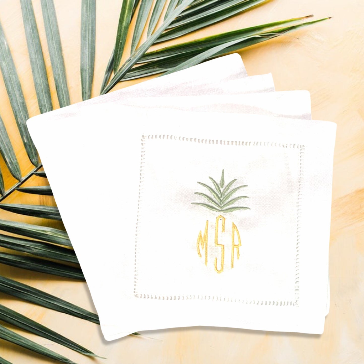 Personalized Monogram Pineapple Embroidered Cocktail Napkin | Set of 4 | Hostess Gift | Elegant Home Décor | Bar Cart | Table Setting