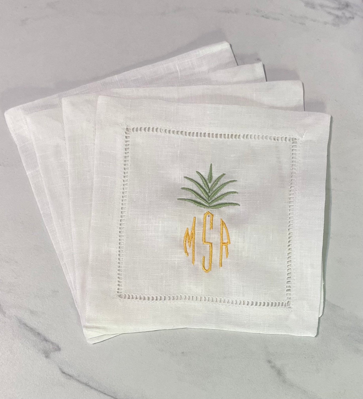 Personalized Monogram Pineapple Embroidered Cocktail Napkin | Set of 4 | Hostess Gift | Elegant Home Décor | Bar Cart | Table Setting