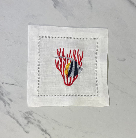 Coral Tropical Fish Linen Embroidered Cocktail Napkin | Set of 4 | Hostess Gift | Elegant Home Décor | Bar Cart | Table Setting