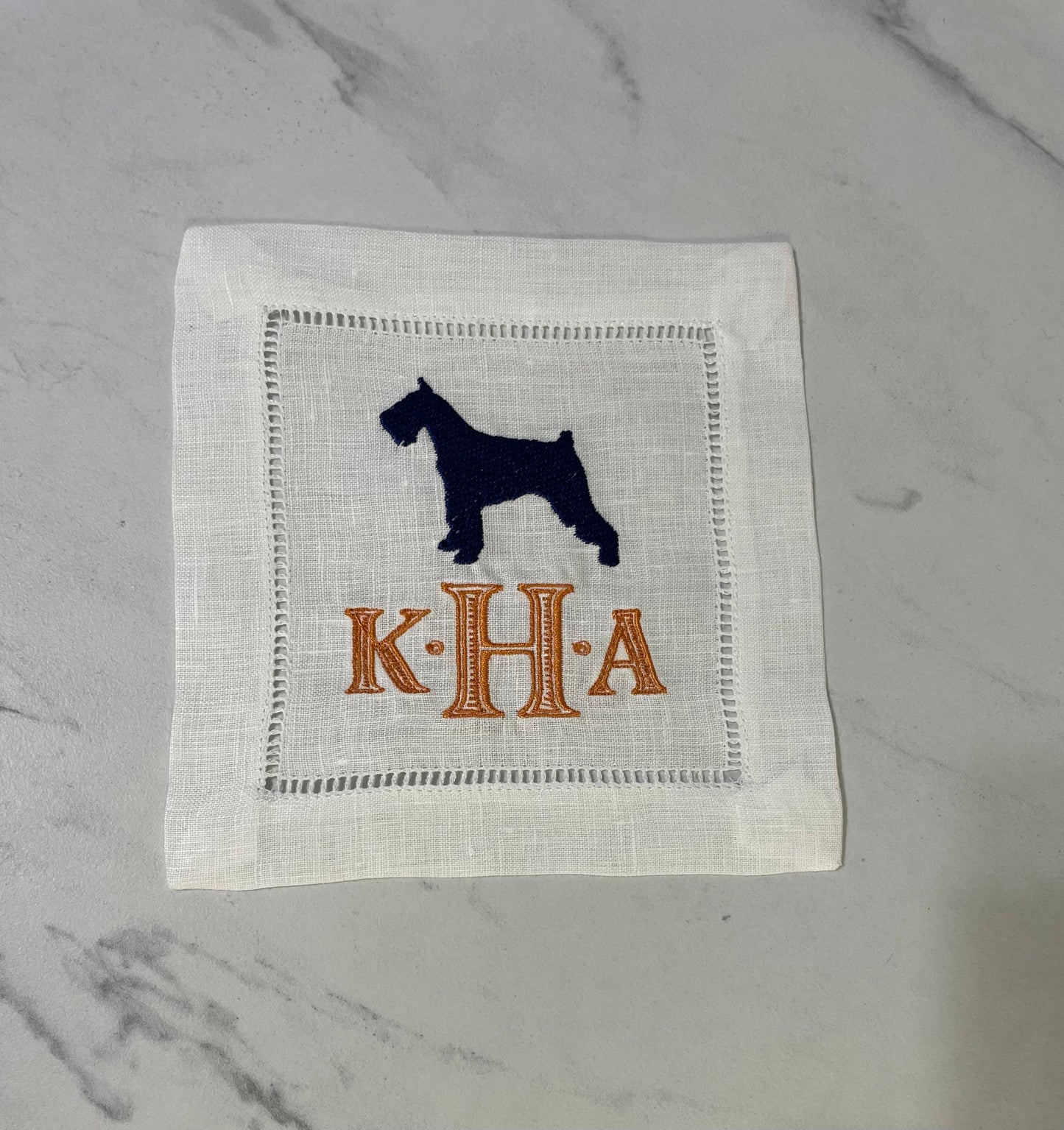 Schnauzer Dog Monogram Linen Embroidered Cocktail Napkin | Set of 4 |Hostess Gift | Coaster | Elegant Home Décor | Bar Cart | Table Setting