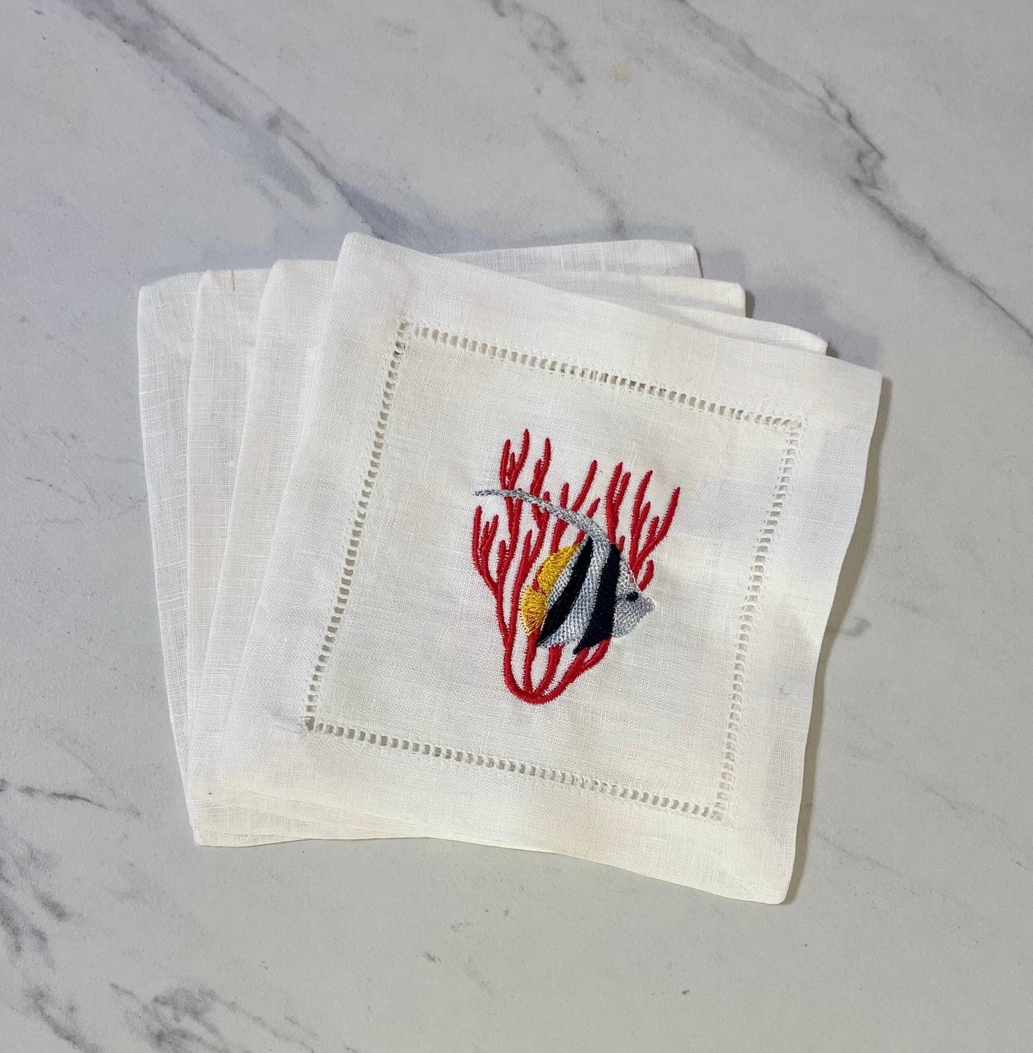 Coral Tropical Fish Linen Embroidered Cocktail Napkin | Set of 4 | Hostess Gift | Elegant Home Décor | Bar Cart | Table Setting