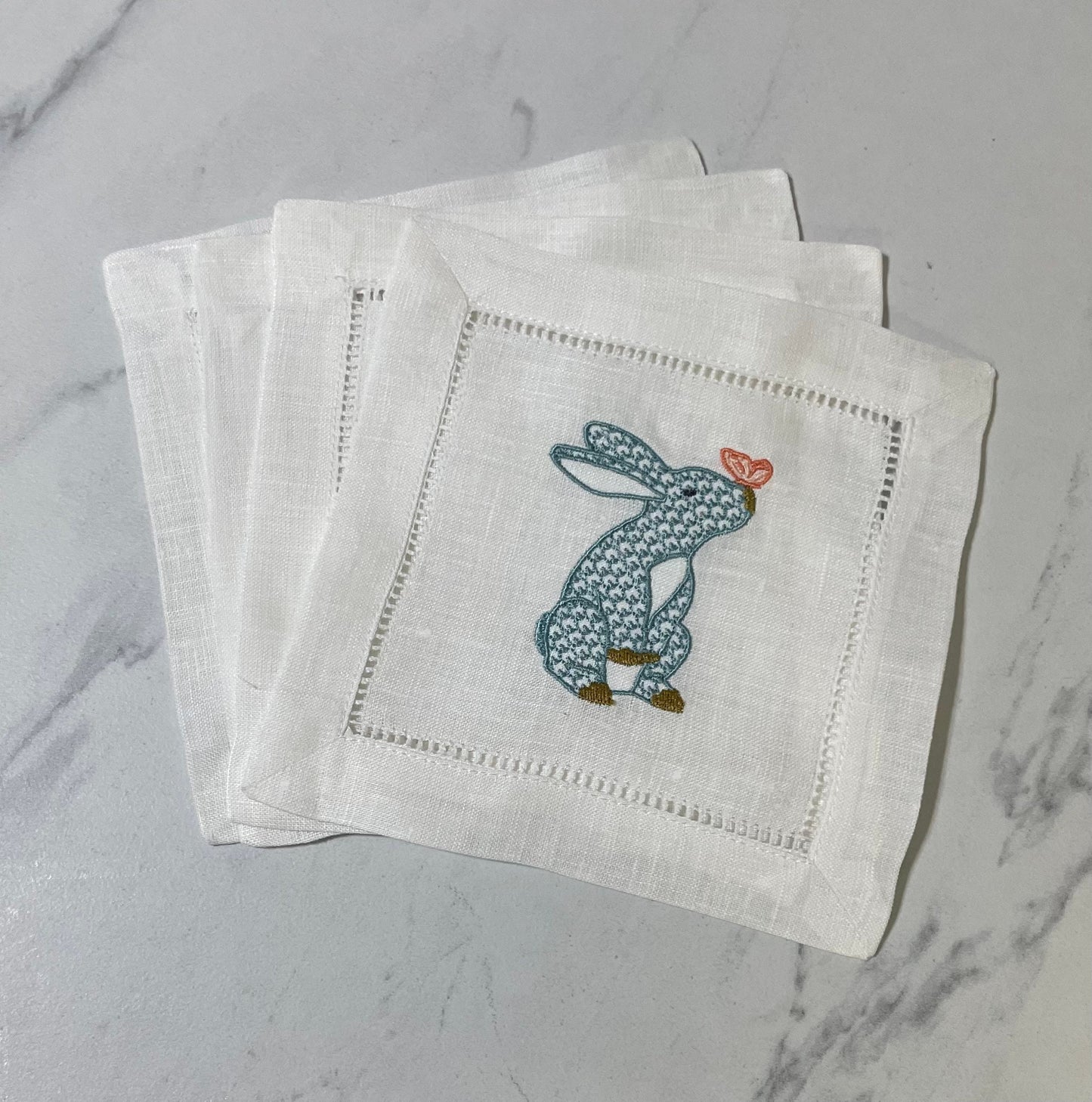 Easter Bunny Linen Embroidered Cocktail Napkin | Set of 4 | Hostess Gift  | Elegant Home Décor | Bar Cart | Table Setting