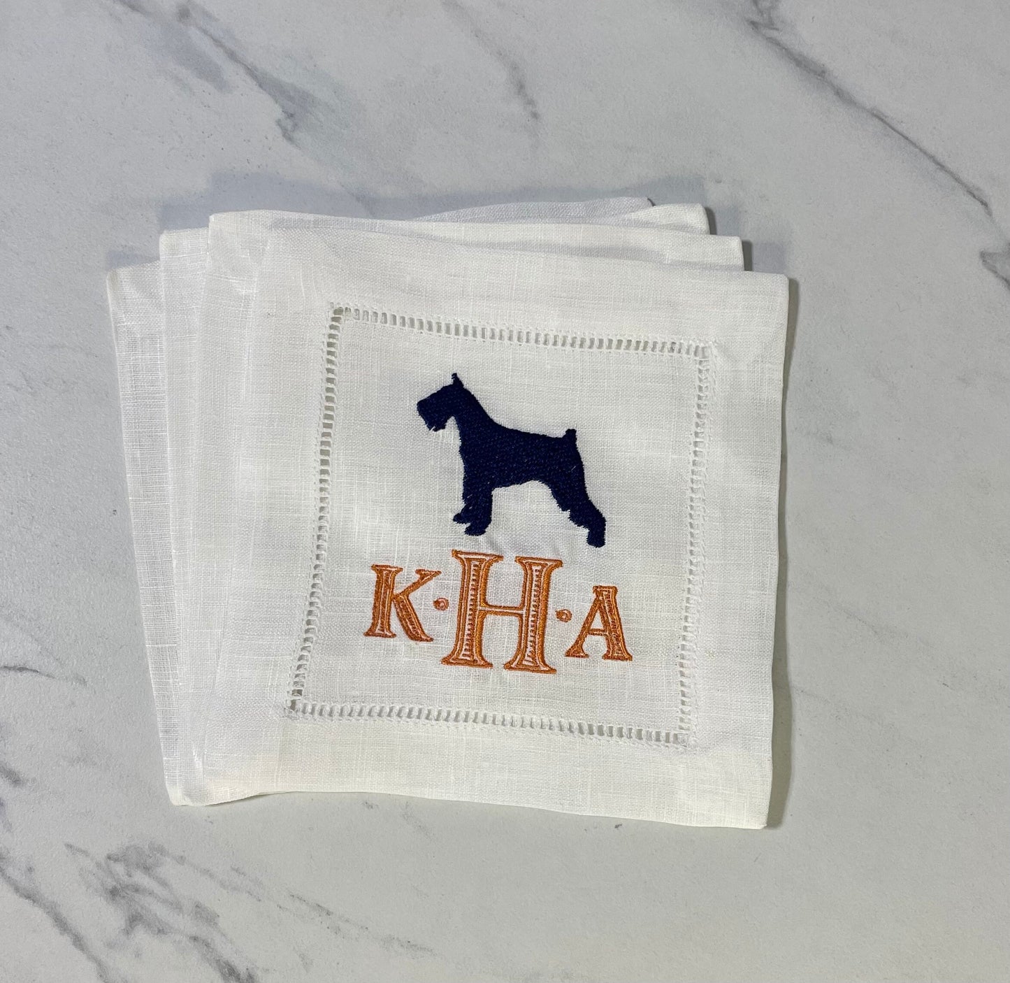 Schnauzer Dog Monogram Linen Embroidered Cocktail Napkin | Set of 4 |Hostess Gift | Coaster | Elegant Home Décor | Bar Cart | Table Setting