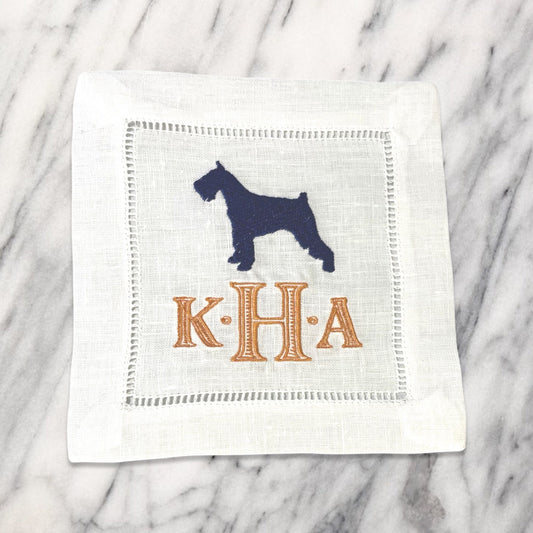 Schnauzer Dog Monogram Linen Embroidered Cocktail Napkin | Set of 4 |Hostess Gift | Coaster | Elegant Home Décor | Bar Cart | Table Setting