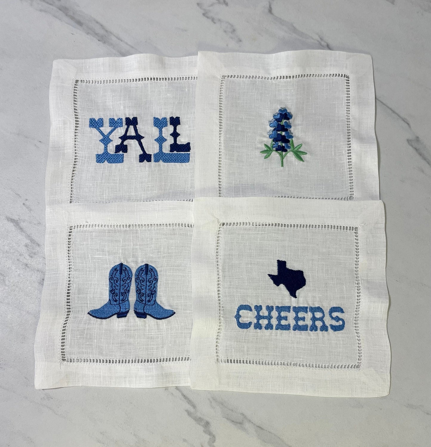 Western Texas Linen Embroidered Cocktail Napkin | Set of 4 | Hostess Gift | Cloth Coaster | Elegant Home Décor | Bar Cart | Table Setting