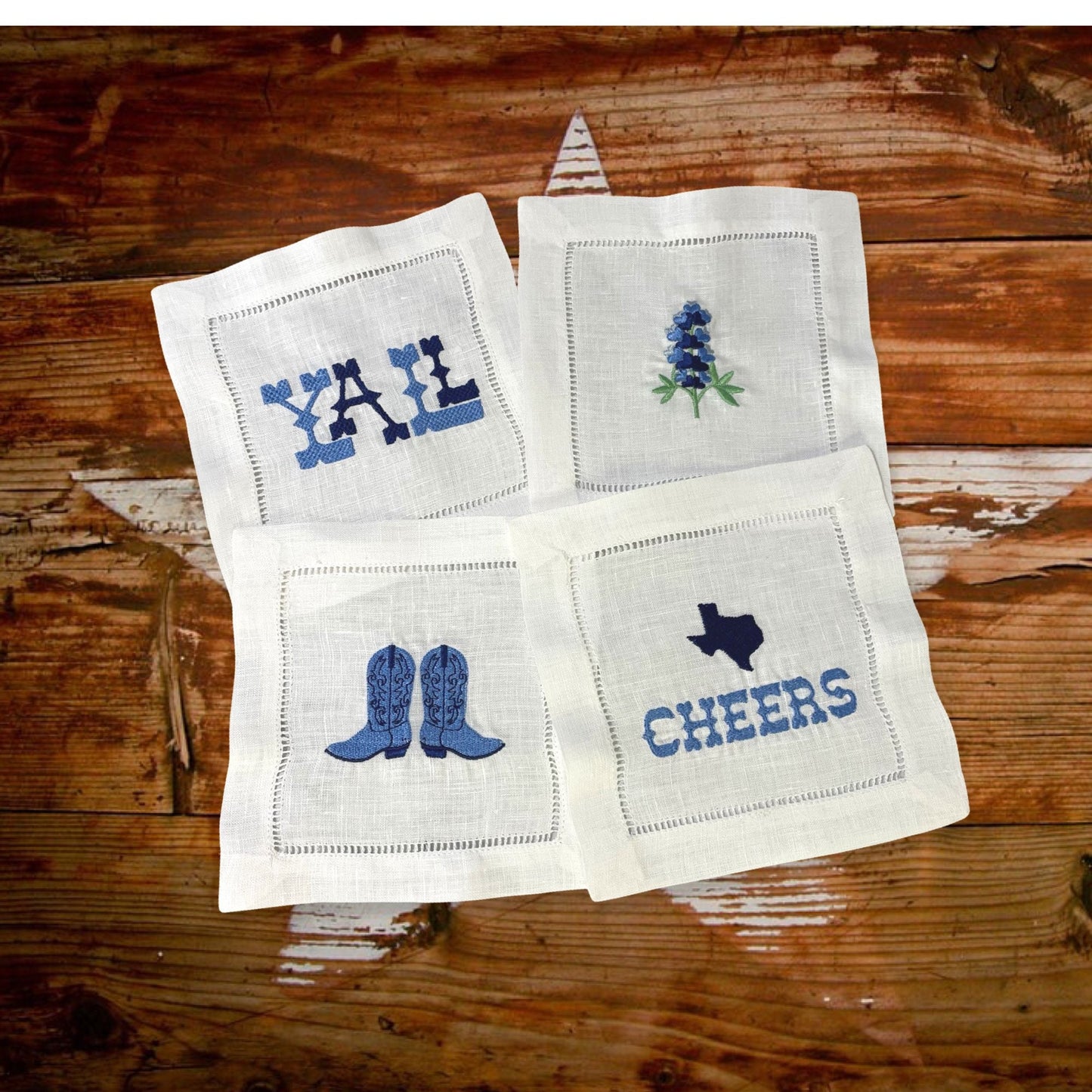 Western Texas Linen Embroidered Cocktail Napkin | Set of 4 | Hostess Gift | Cloth Coaster | Elegant Home Décor | Bar Cart | Table Setting