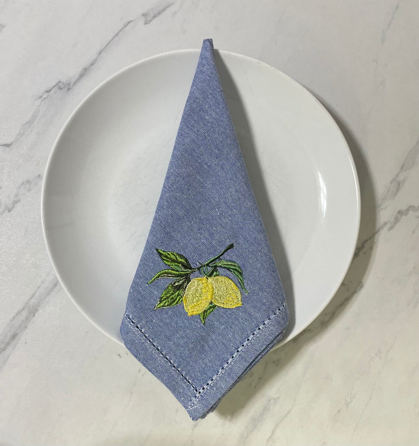 Embroidered Blue Dinner Napkin| Lemon Tuscan Decor | Table Linen | Blue Yellow Decor