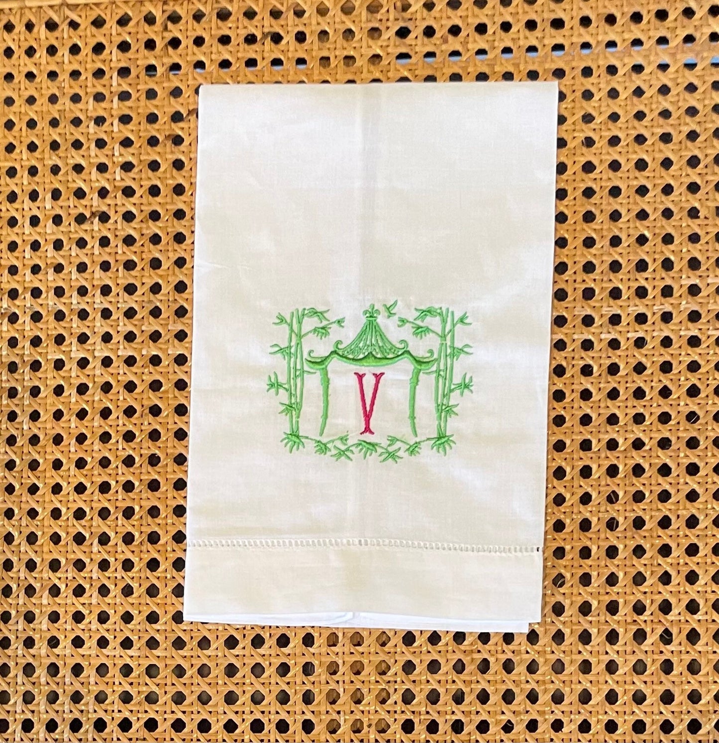 Personalized Embroidered Linen Guest Towel | Pagoda Bamboo Custom Hand Towel | Monogram Linen Towel | Hostess Gift Monogram Linens