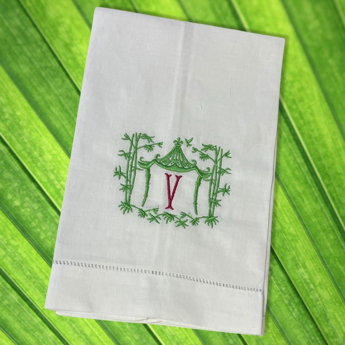 Personalized Embroidered Linen Guest Towel | Pagoda Bamboo Custom Hand Towel | Monogram Linen Towel | Hostess Gift Monogram Linens