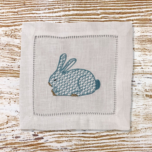 Linen Rabbit Bunny Embroidered Cocktail Napkin | Set of 4 | Hostess Gift | Cloth Coaster | Elegant Home Décor | Bar Cart | Table Setting