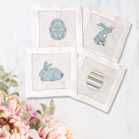 Easter Egg Rabbit Set Linen Embroidered Cocktail Napkin | Set of 4 | Hostess Gift  | Elegant Home Décor | Bar Cart | Table Setting