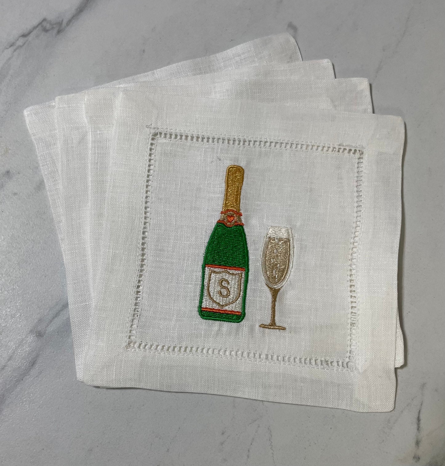 Personalized On Champagne Bottle Label Linen Cocktail Napkin | Set of 4 | Hostess Gift | Elegant Home Décor | Bar Cart | Table Setting