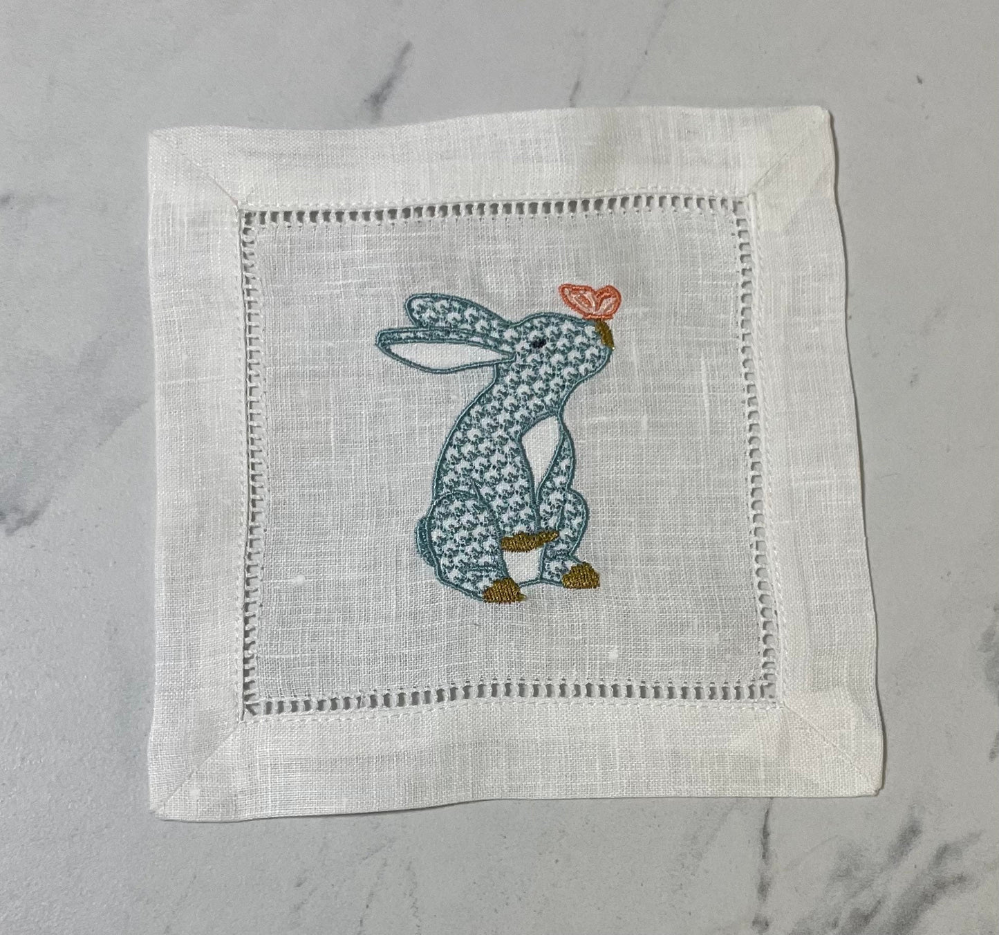 Easter Bunny Linen Embroidered Cocktail Napkin | Set of 4 | Hostess Gift  | Elegant Home Décor | Bar Cart | Table Setting