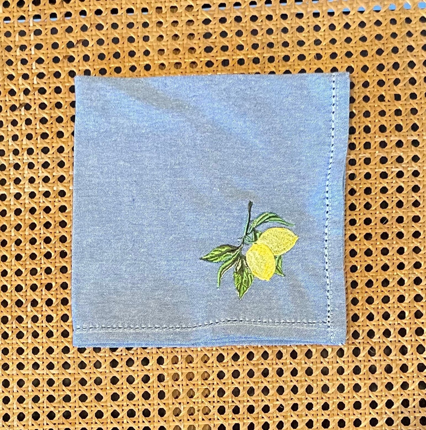 Embroidered Blue Dinner Napkin| Lemon Tuscan Decor | Table Linen | Blue Yellow Decor