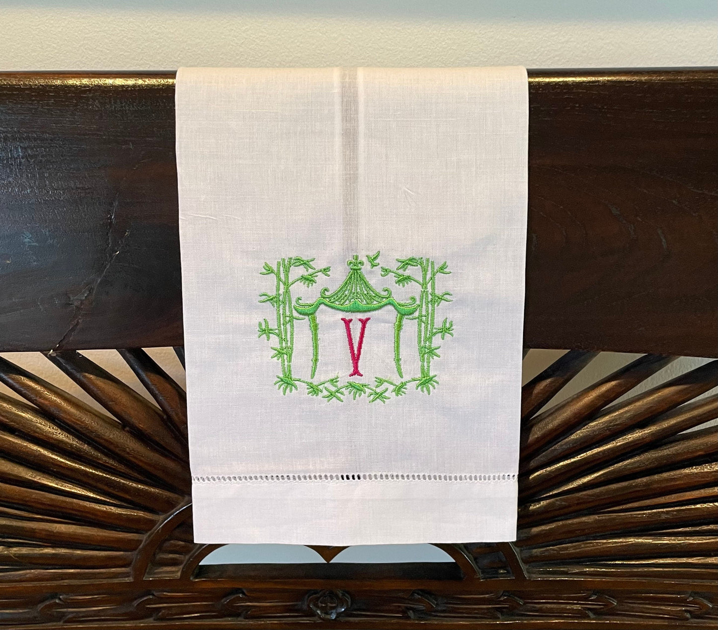 Personalized Embroidered Linen Guest Towel | Pagoda Bamboo Custom Hand Towel | Monogram Linen Towel | Hostess Gift Monogram Linens