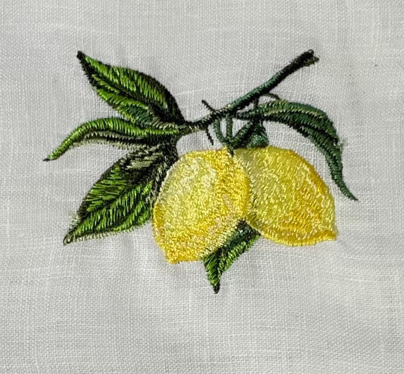 Lemons Linen Embroidered Cocktail Napkin | Set of 4 | Hostess Gift | Cloth Coaster | Elegant Home Décor | Bar Cart | Table Setting