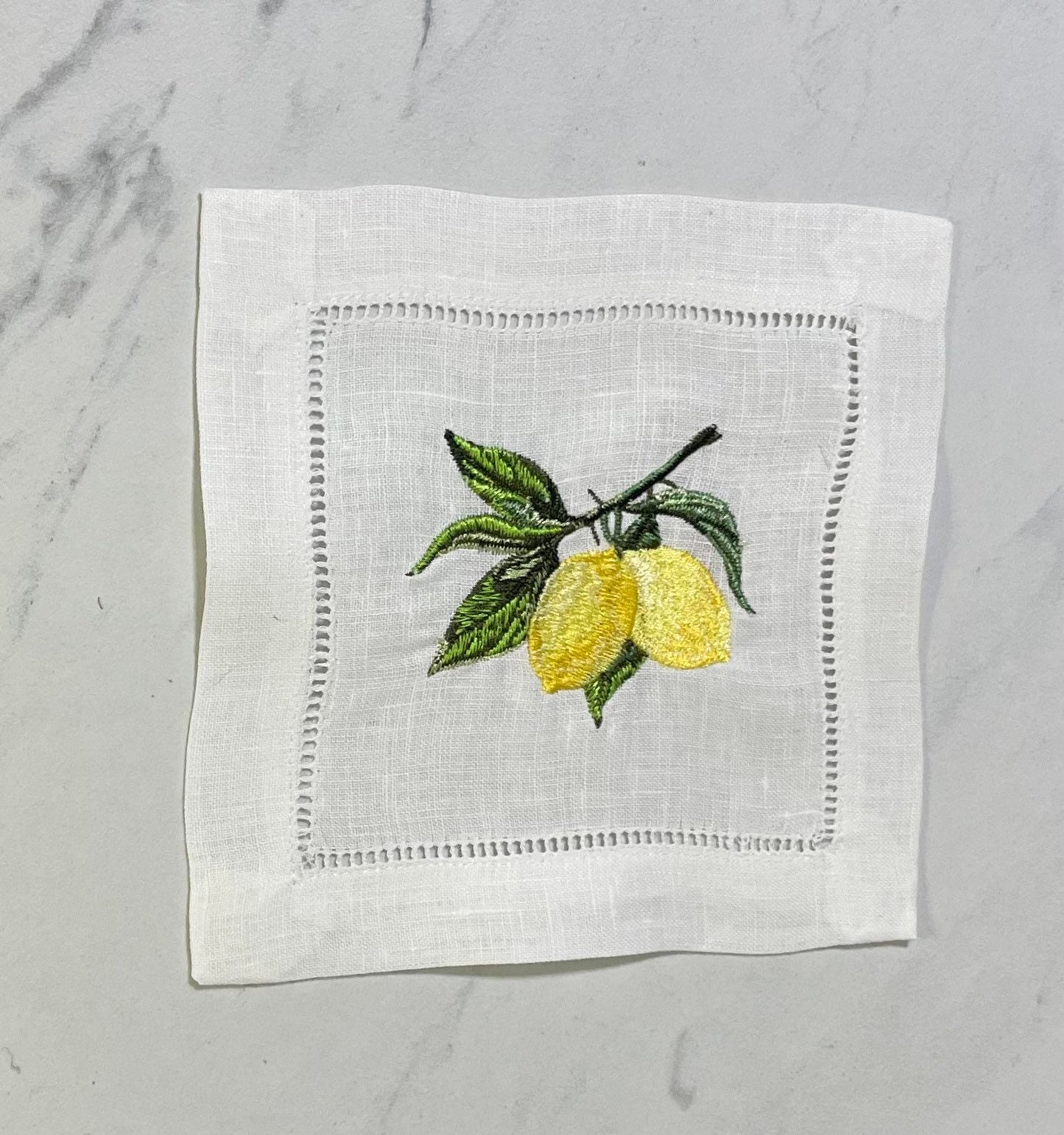 Lemons Linen Embroidered Cocktail Napkin | Set of 4 | Hostess Gift | Cloth Coaster | Elegant Home Décor | Bar Cart | Table Setting