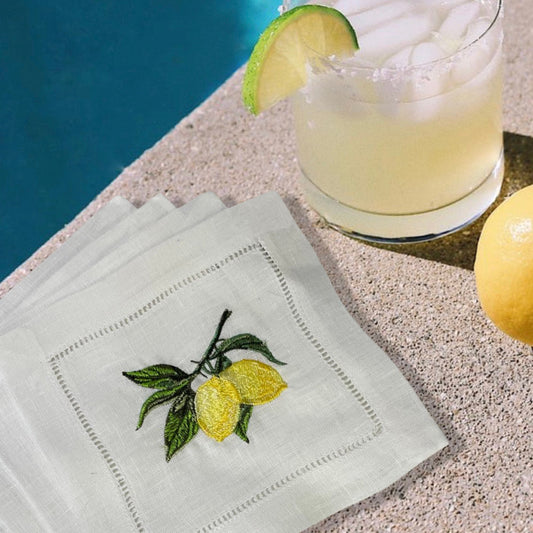 Lemons Linen Embroidered Cocktail Napkin | Set of 4 | Hostess Gift | Cloth Coaster | Elegant Home Décor | Bar Cart | Table Setting