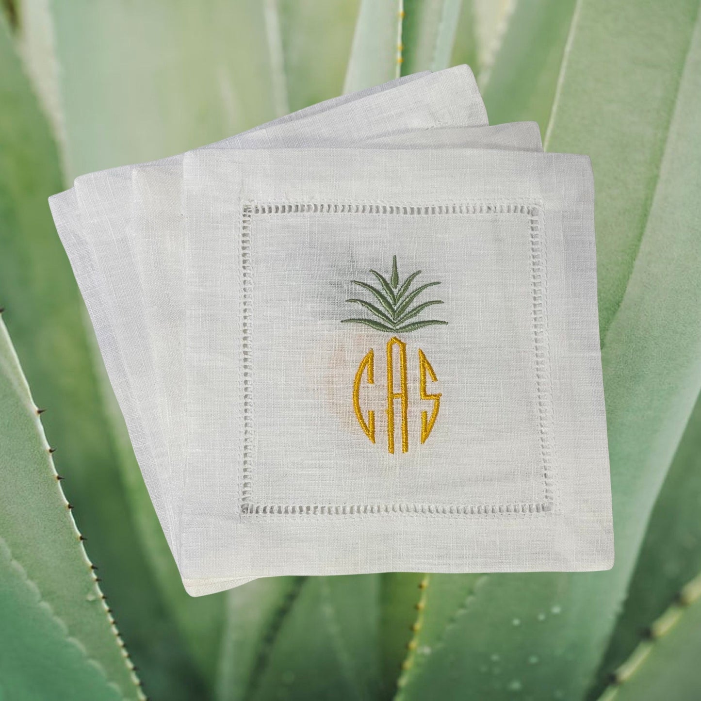 Personalized Monogram Pineapple Embroidered Cocktail Napkin | Set of 4 | Hostess Gift | Elegant Home Décor | Bar Cart | Table Setting