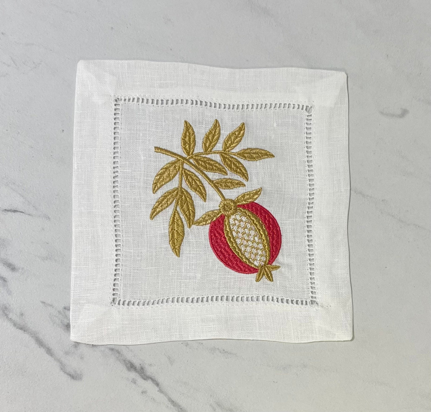 Pomegranate Linen Embroidered Cocktail Napkin | Set of 4 | Hostess Gift | Elegant Home Décor | Bar Cart | Table Setting