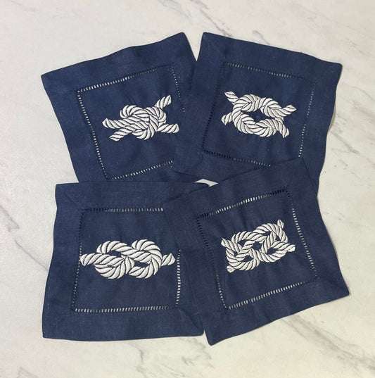 Nautical Knots Linen Embroidered Cocktail Napkin | Set of 4 | Hostess Gift | Cloth Coaster | Elegant Home Décor | Bar Cart | Table Setting