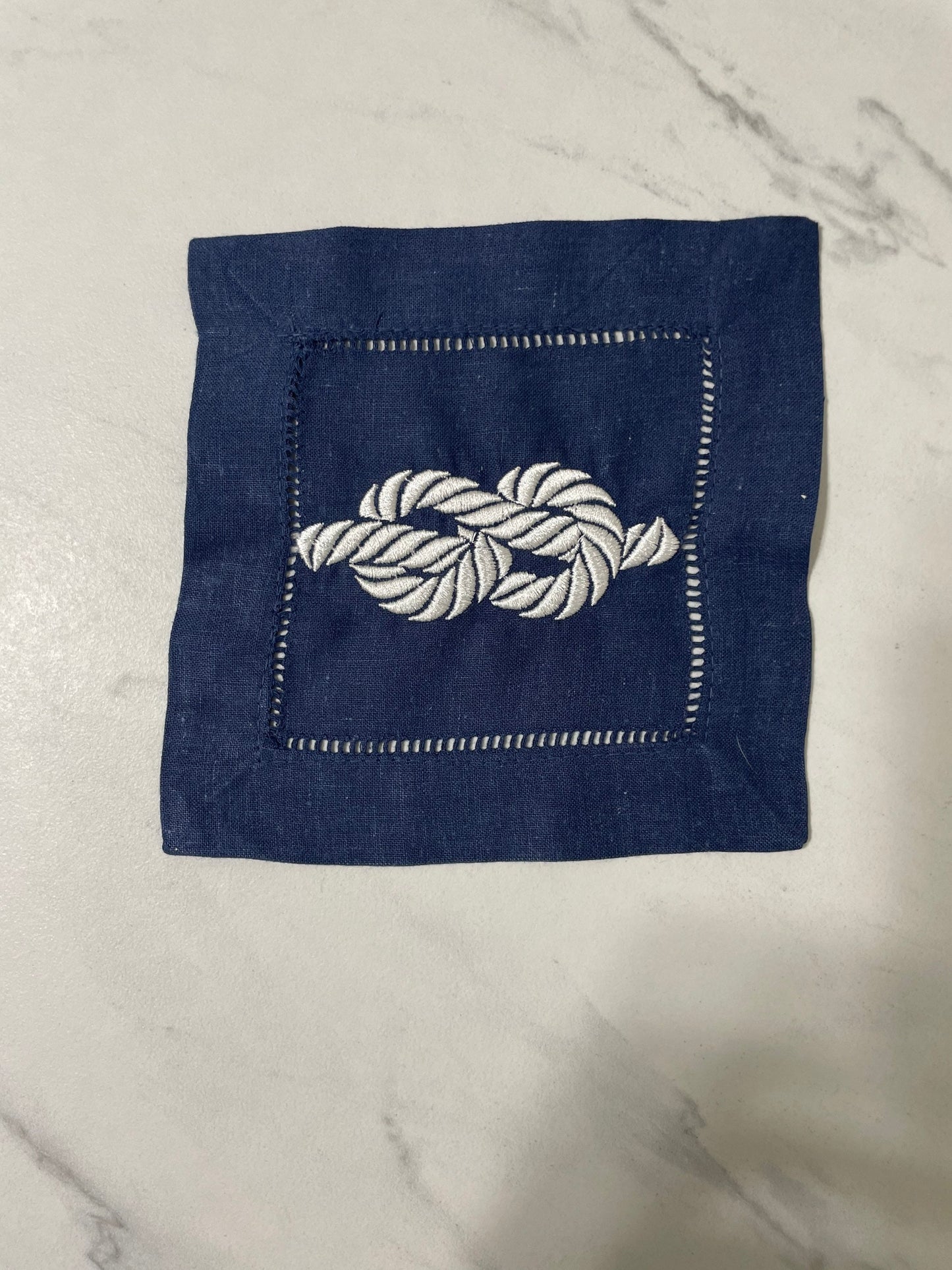 Nautical Knots Linen Embroidered Cocktail Napkin | Set of 4 | Hostess Gift | Cloth Coaster | Elegant Home Décor | Bar Cart | Table Setting